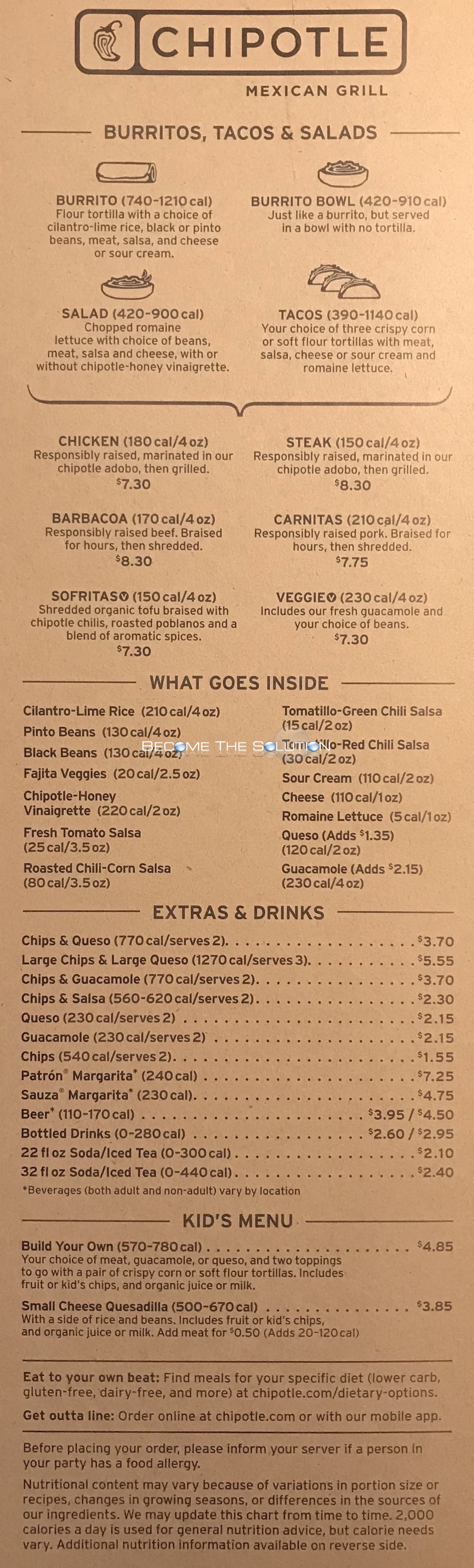 Chipotle Menu Chicago Michigan Ave (Scanned Menu With Prices)